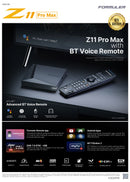Formuler Z11 Pro Max BT1 edition product specification poster showing streaming device, remote and features
