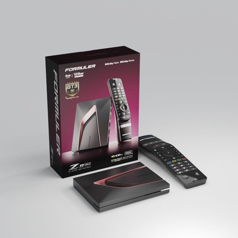 Formuler Z12 Ultra media player and BT3 backlit remote with retail box on gray background