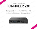 Formuler Z10 streaming media player rear view showing ports and connections with universal Android compatibility tagline on white background